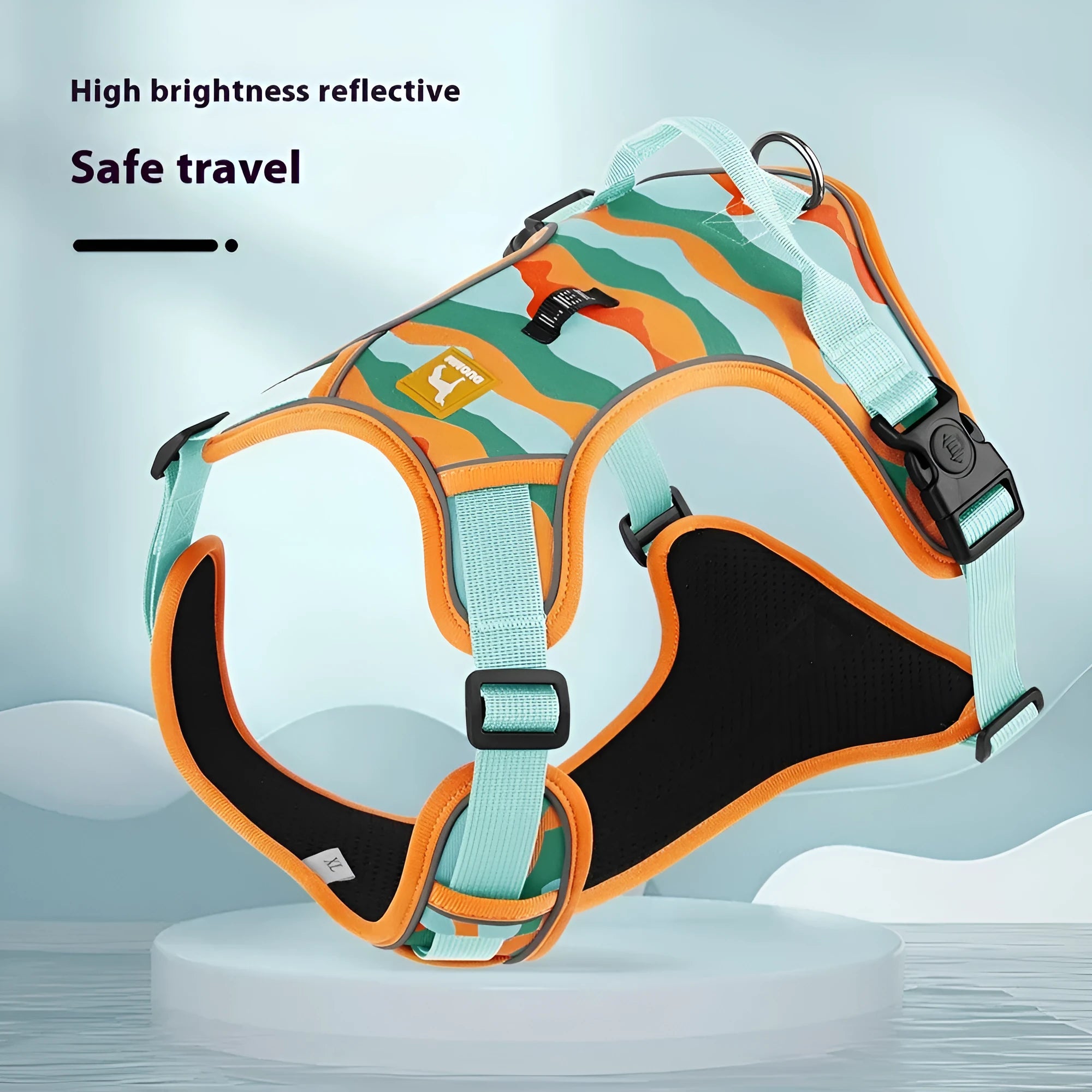 Reflective dog harness and lead in oxford cloth, showing chest and back attachment points and hand-holding rope.