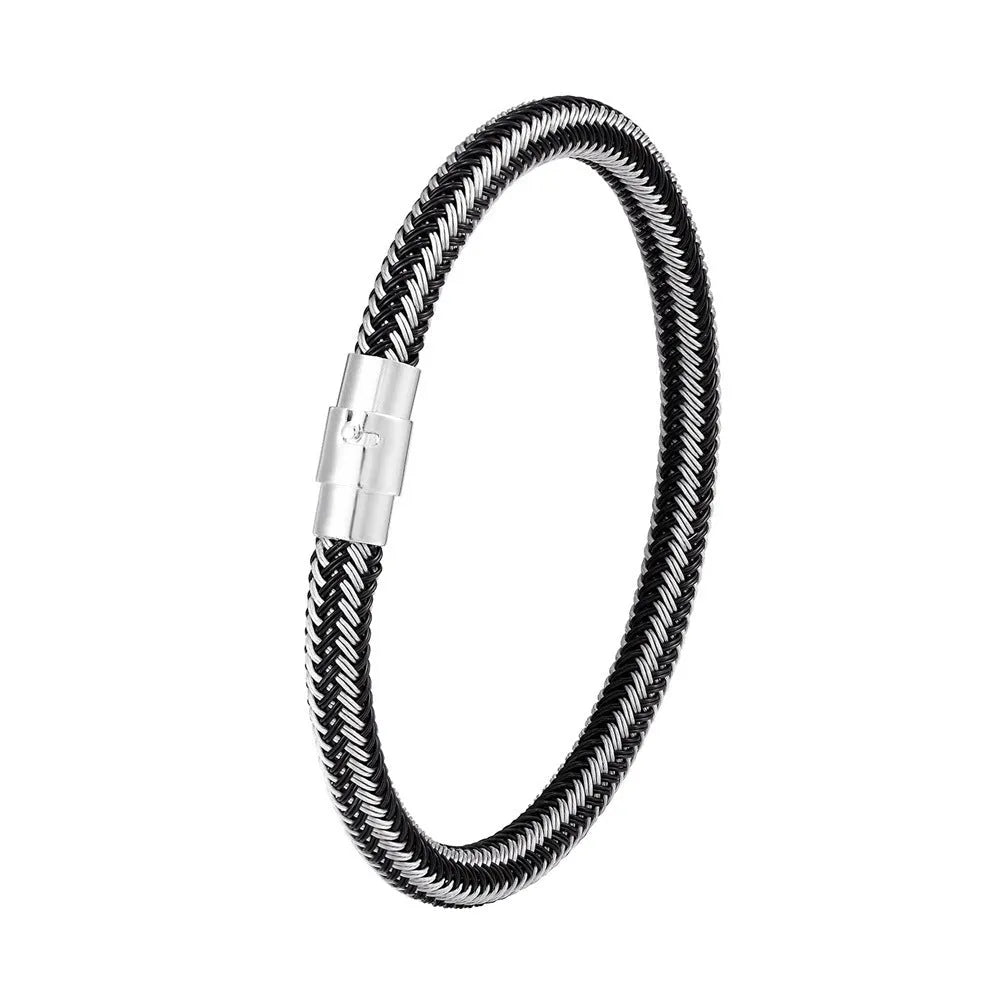 Geometric titanium steel wire bracelet with magnetic clasp on a wrist, showing minimalist unisex design.