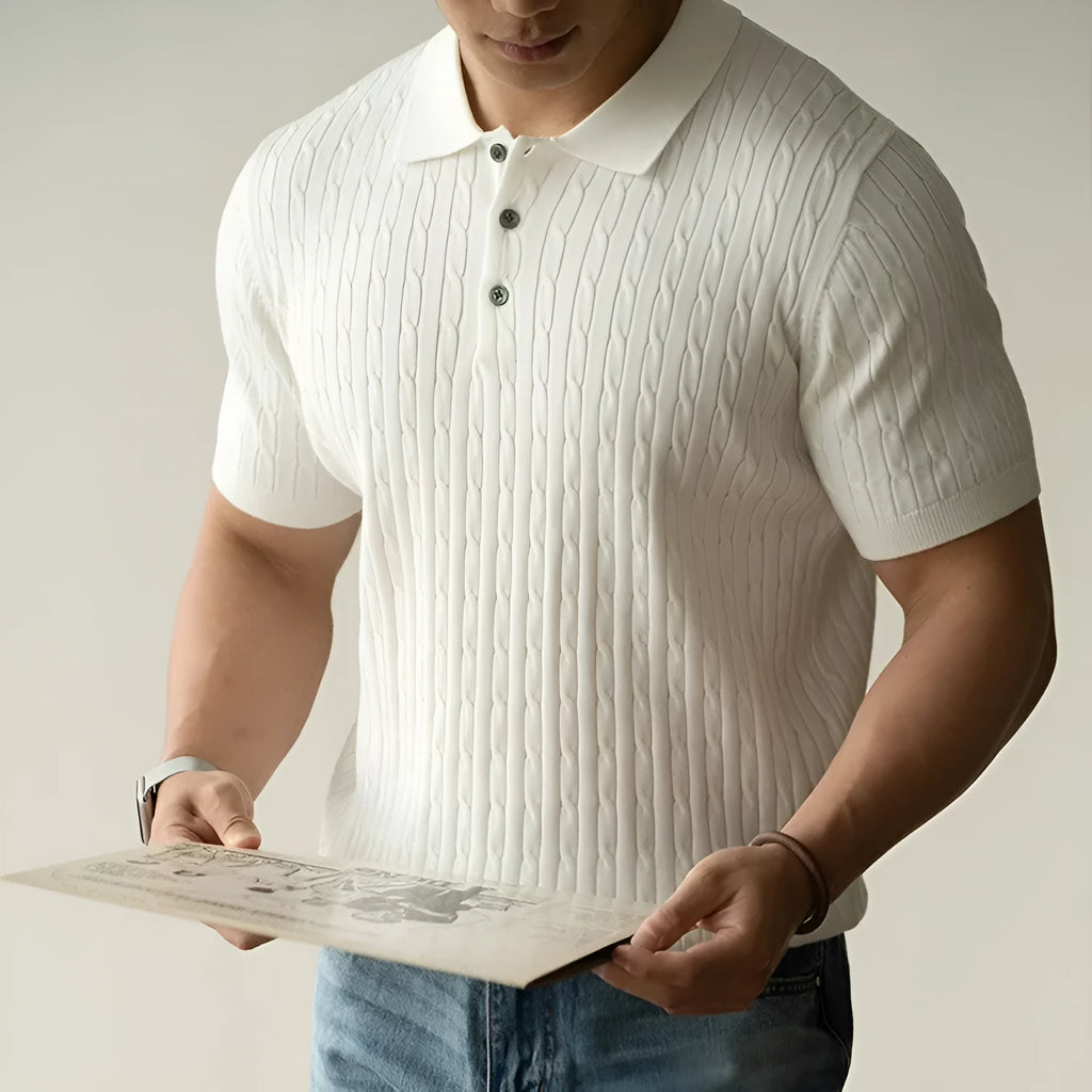 Men's khaki short sleeve business commute top made from polyester nylon acrylic wool blend