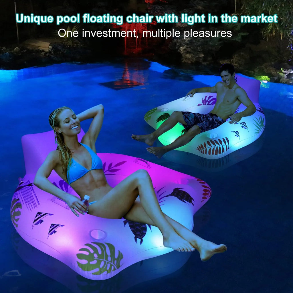 White luminous U-shaped inflatable pool float on water.
