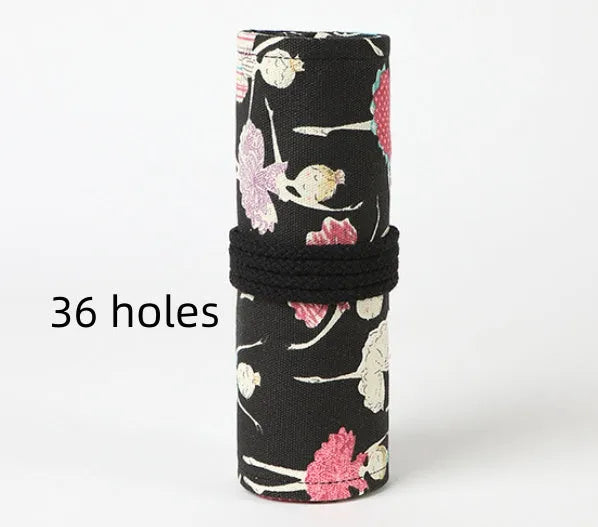 Canvas rolling pencil case with ballet girl print, showing multiple hole capacity options for colour pencils.