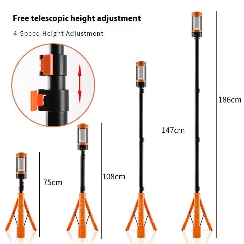 Retractable folding charging camping lantern in black orange with bracket and charging cable