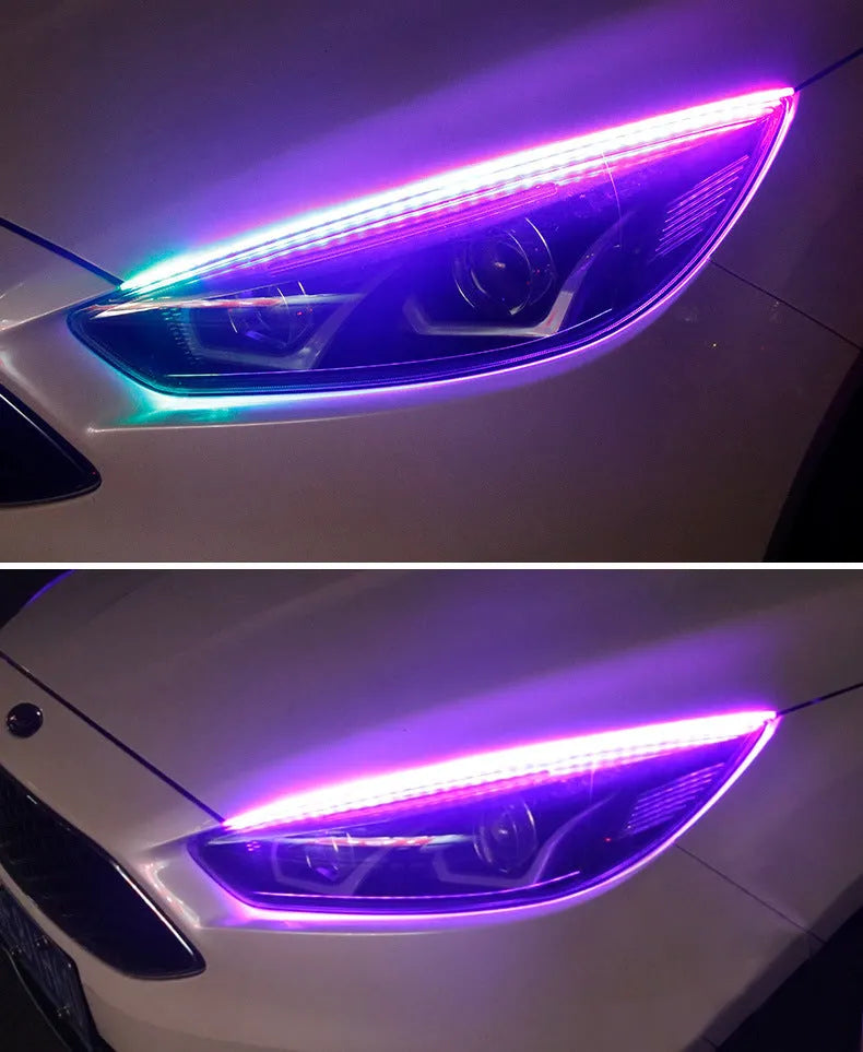 Remote control and RGB colour-changing universal LED daytime running light strip in 30cm, 45cm, 60cm sizes.