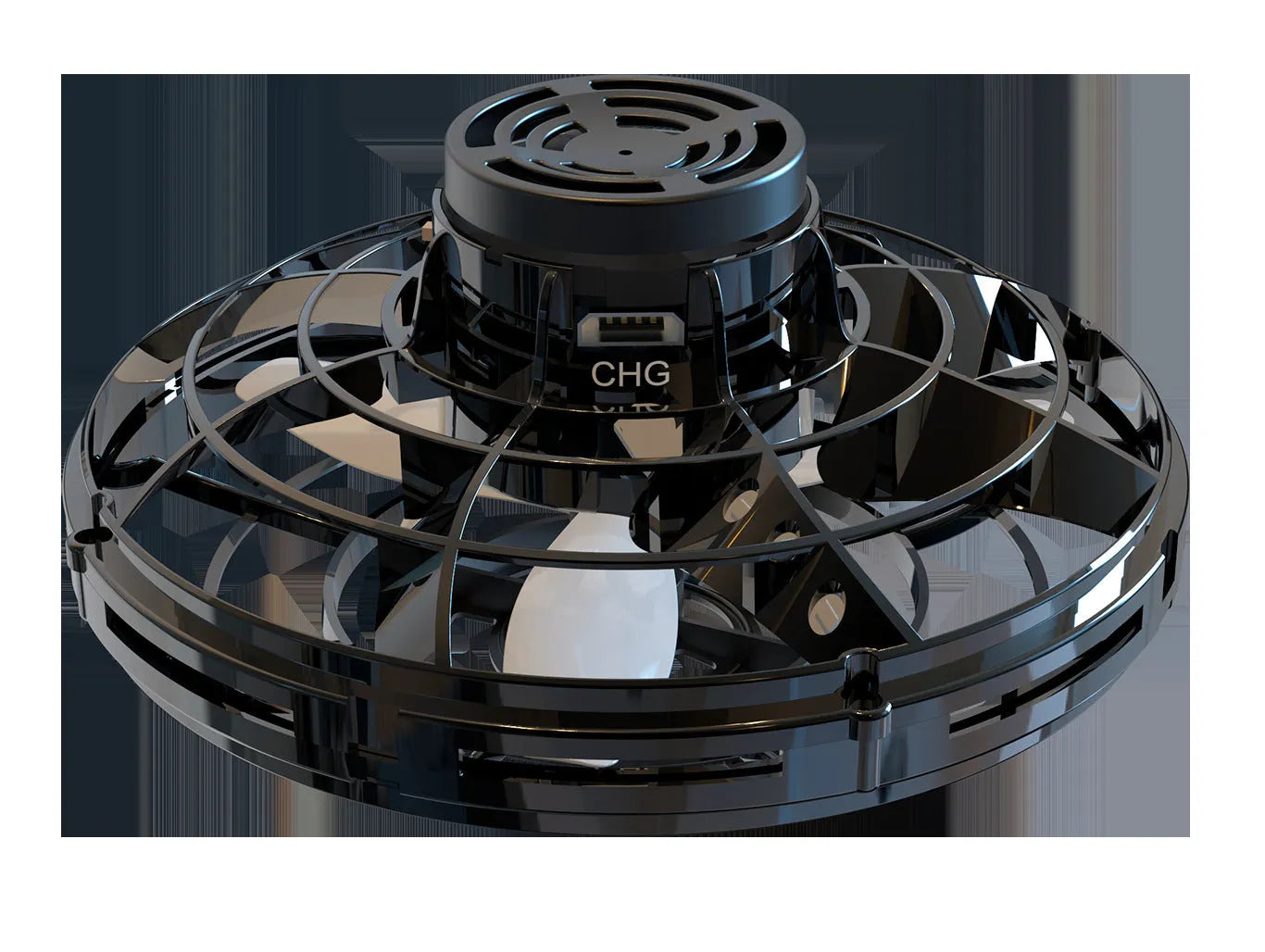 Blue rotating flying gyro induction drone toy made of plastic, 4x8cm, held in hand showing its compact size