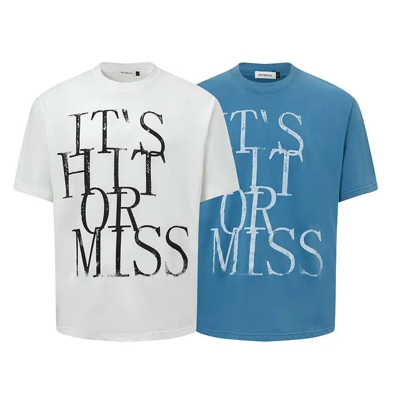 Men's blue American Retro letter print cotton blend loose fit T-shirt front view