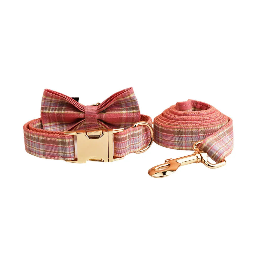 Plaid pattern dog collar and matching leash set with band and bow vest components