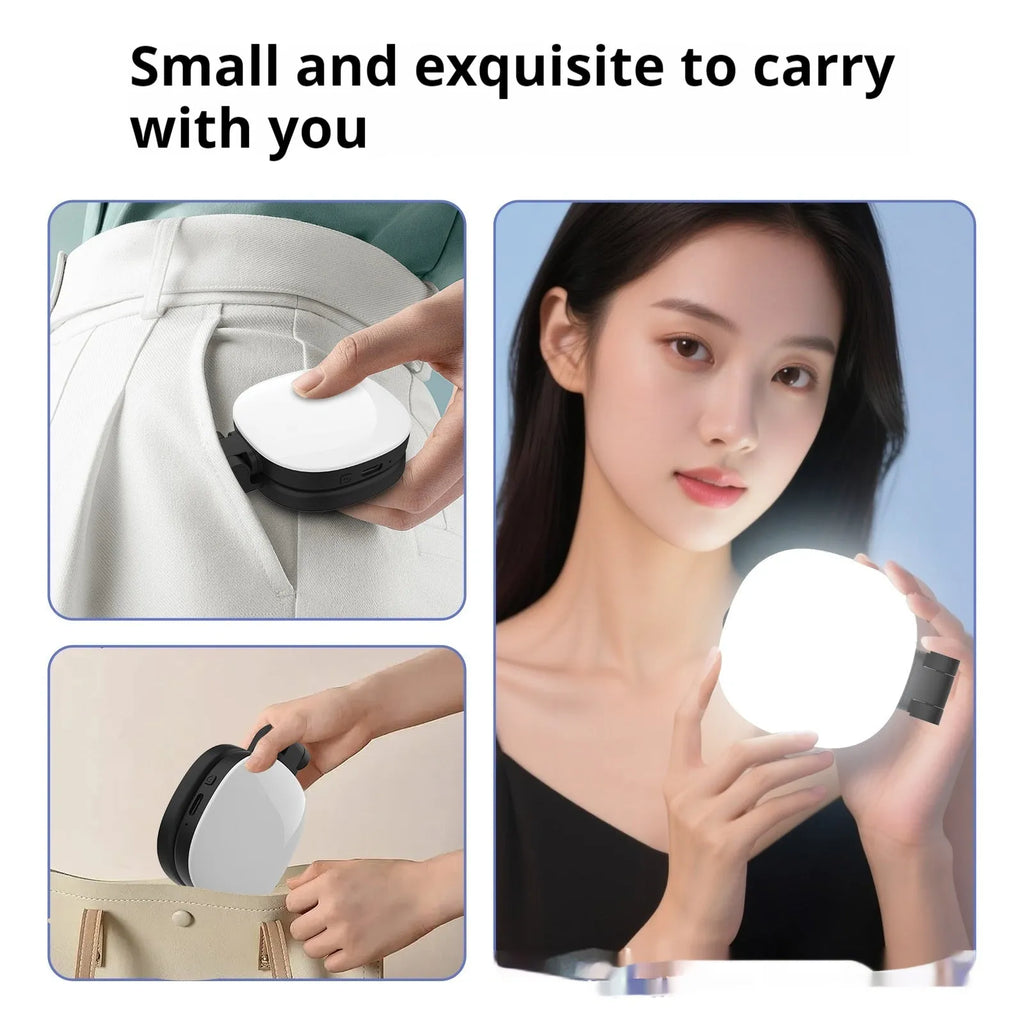 Black and white mobile phone magnetic selfie fill light with makeup mirror showing three colour temperature settings