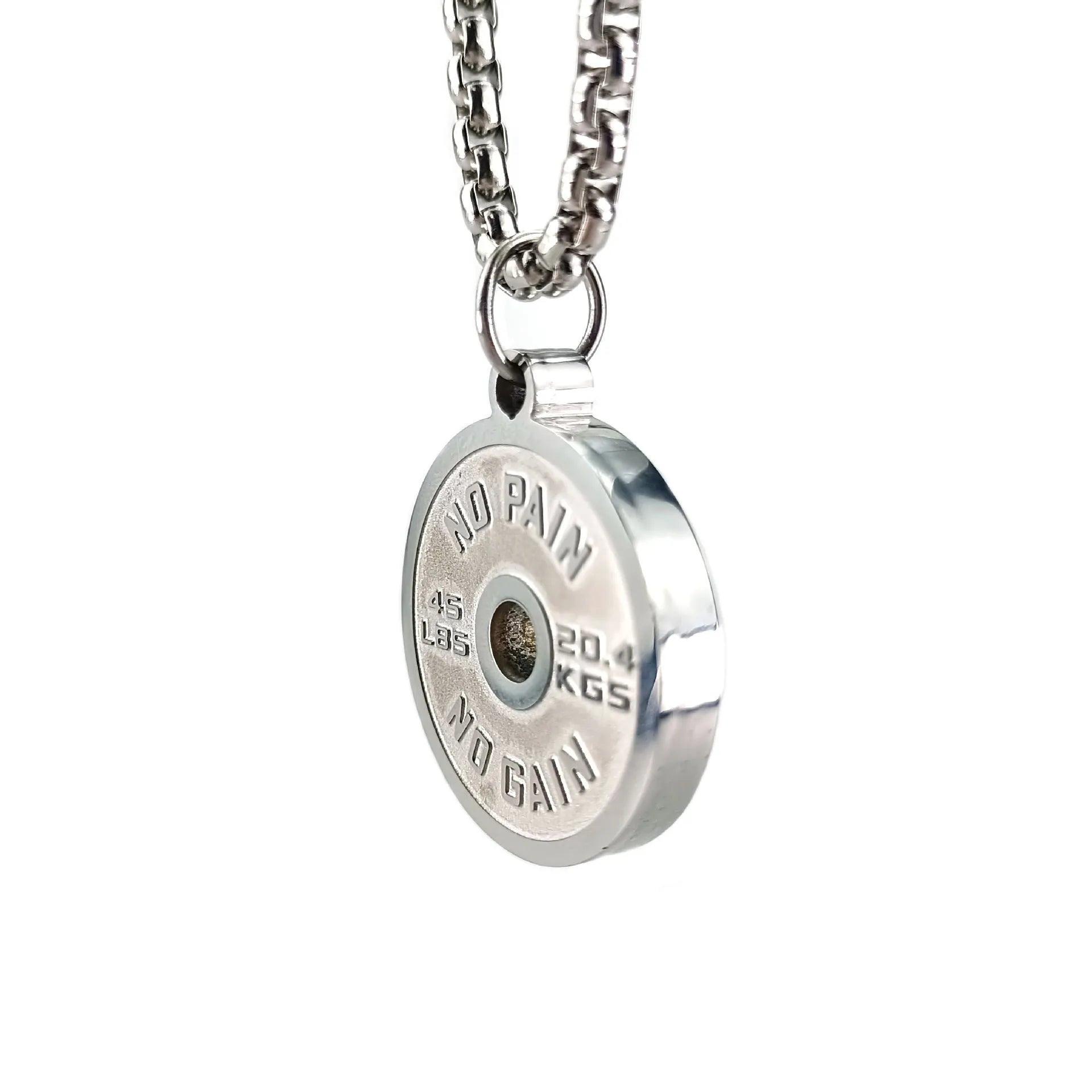 Stainless steel barbell disk sports necklace on a choice of pearl, gold, or black 60cm chain.
