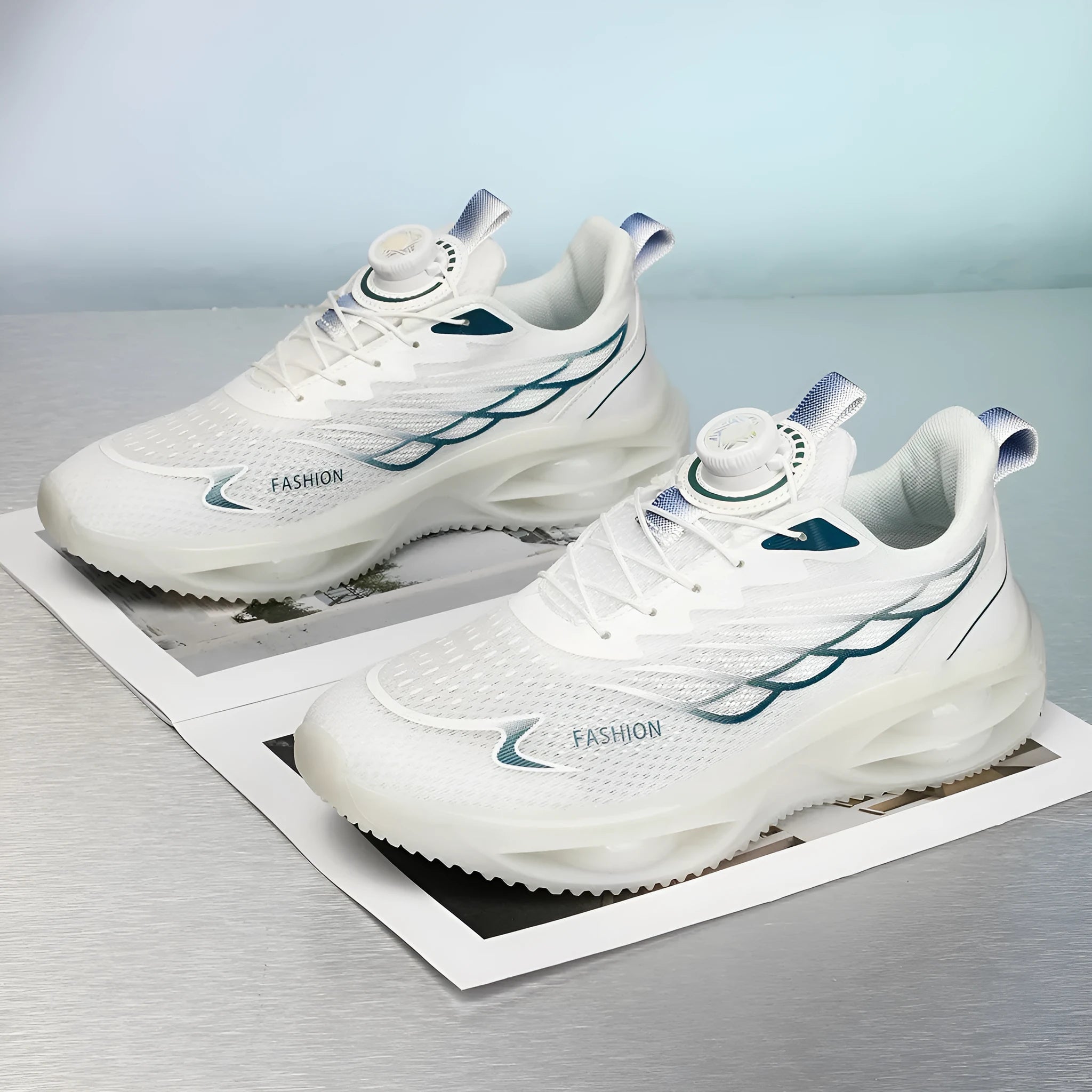 Casual low top running shoes in sky blue with a PU mesh upper and rubber sole.