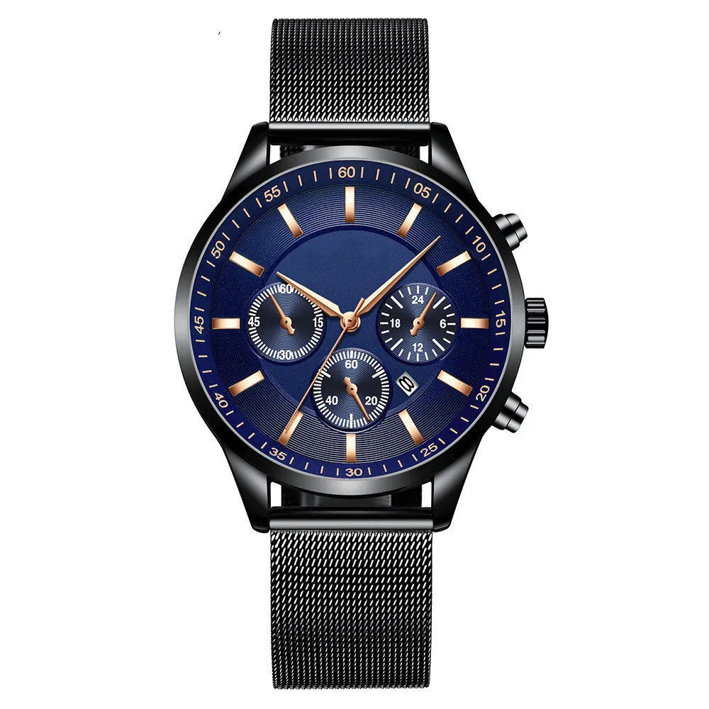 Mens fashion mesh strap waterproof watch with 43.5mm dial, mineral glass lens, and calendar feature in a silver finish