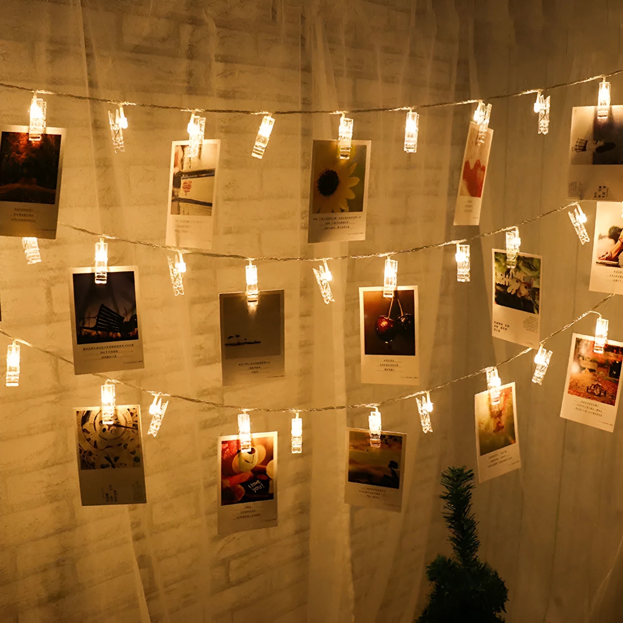 LED photo holder string lights 160cm with 10 bulbs warm white light on wall displaying photos