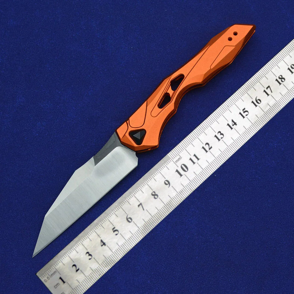 Black folding fruit knife with D2 steel blade and aluminium handle showing open and closed positions