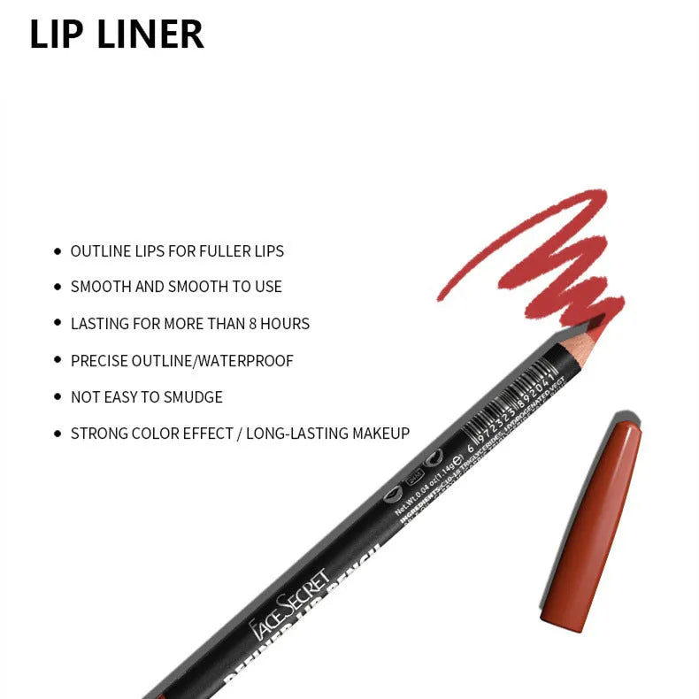 Matte finish lip liner pencil in one of 14 available shades, shown on a clean background