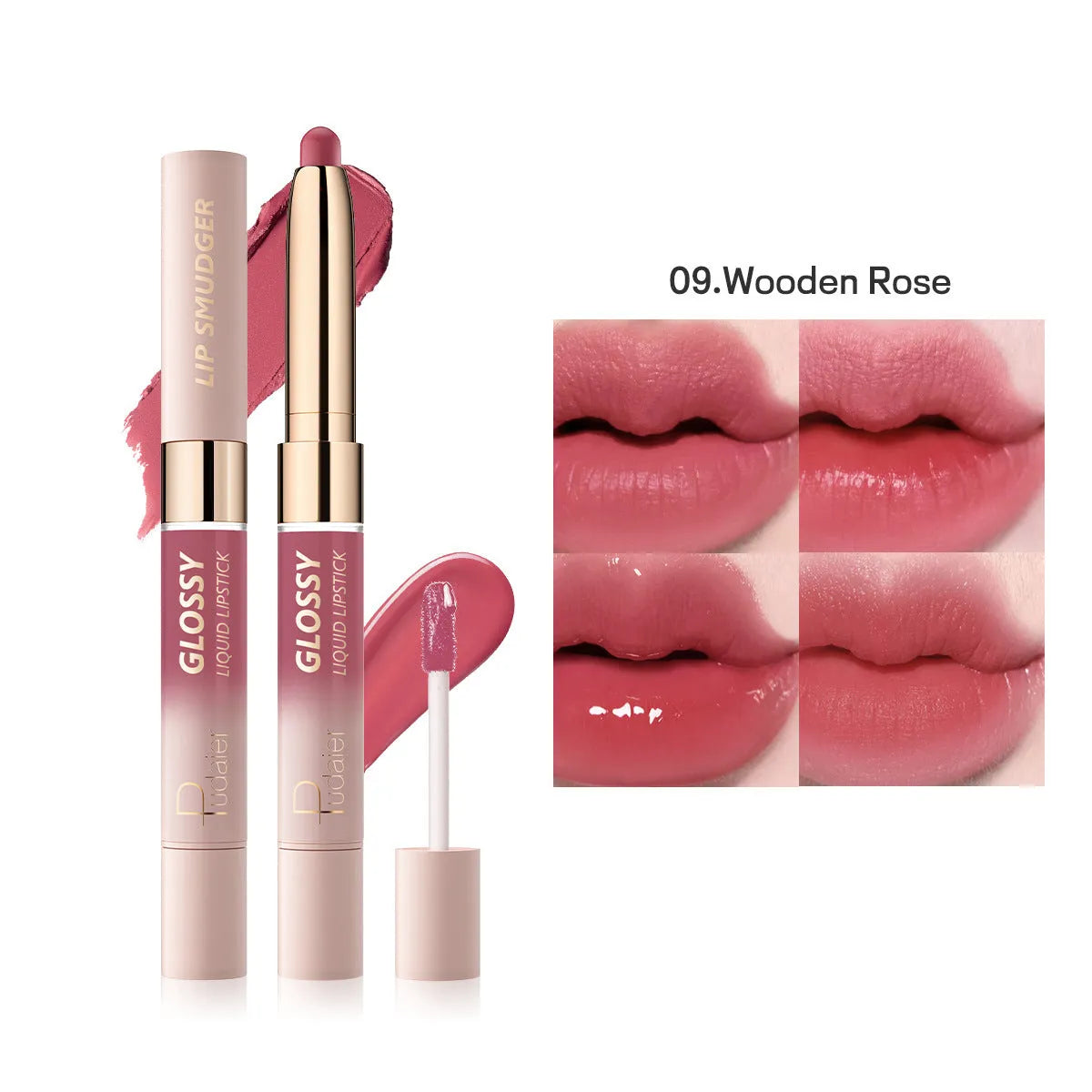 Double-headed lipstick with matte finish showing ten colour options from 01 to 10