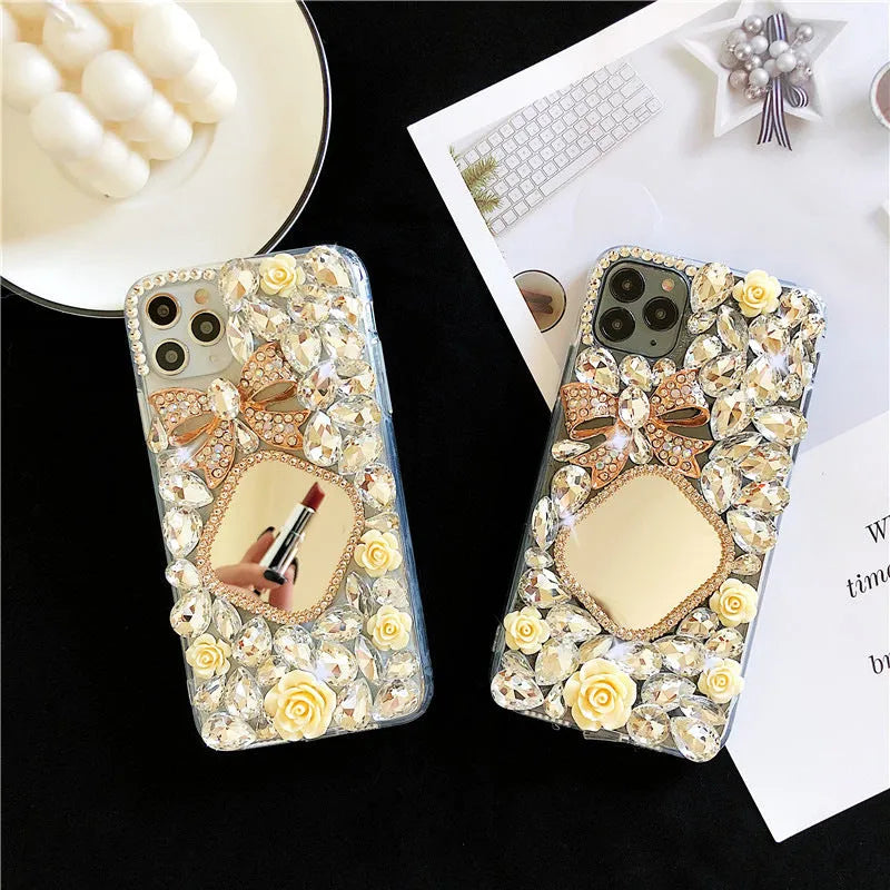 Handmade silicone phone case with rhinestone mirror diamond bow flower design in aura bright white flower for iPhone