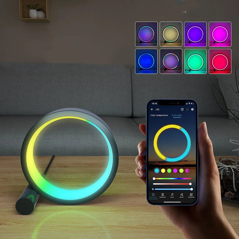 Smart aluminium alloy LED night light with music sync and app control in 6-inch and 10-inch sizes.