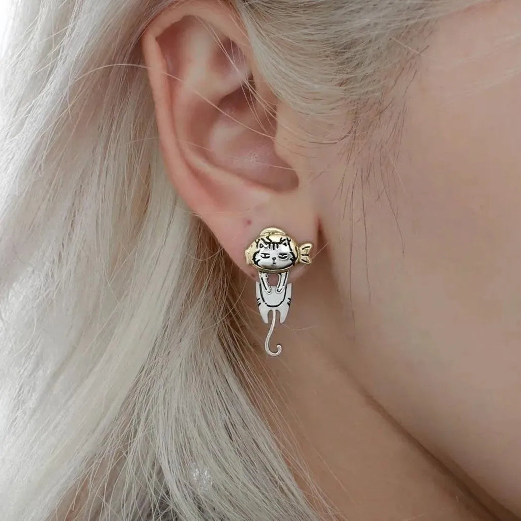 Graffiti cat earrings in copper with original niche sweet cool design and animal zodiac motif