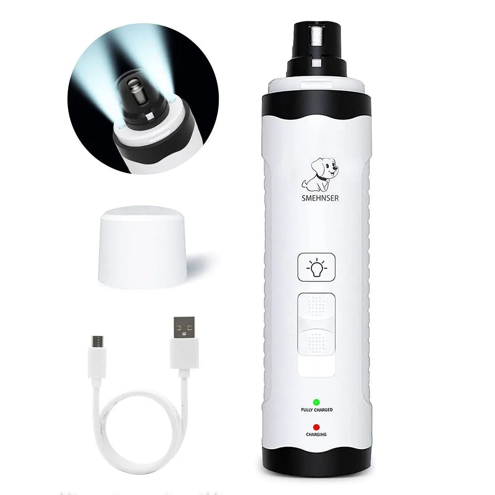 White electric dog nail grinder with LED light on handle and grinding head, showing dust collection port.