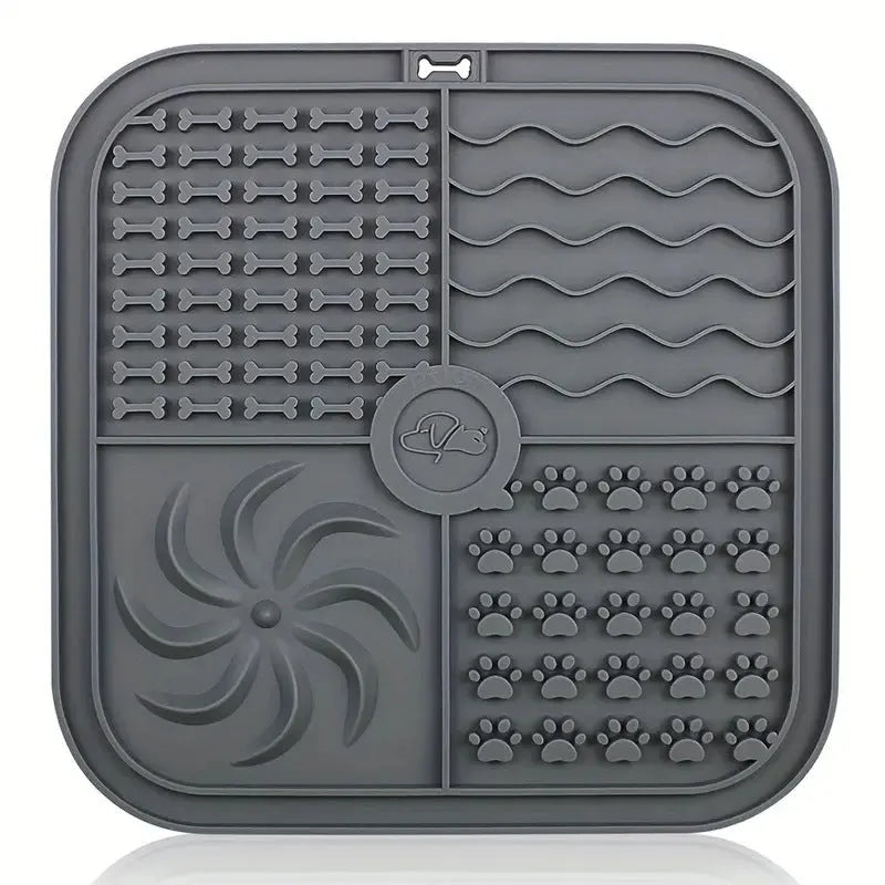 Bottom suction cup non-slip silicone pet slow food mat in gray, with suction cups visible underneath