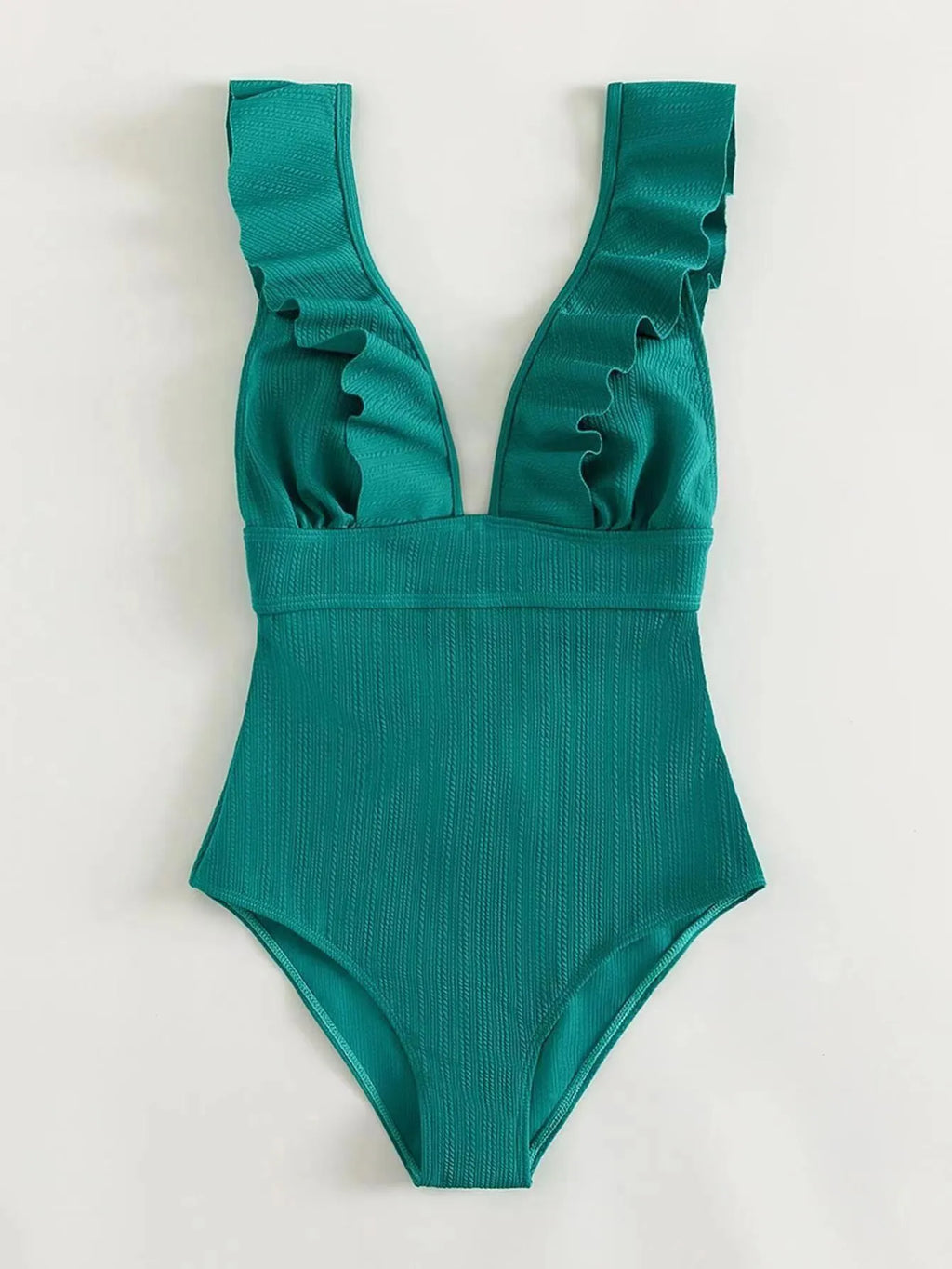 Women's black one-piece swimsuit with ruffled adjustable shoulder straps and lace back detail.