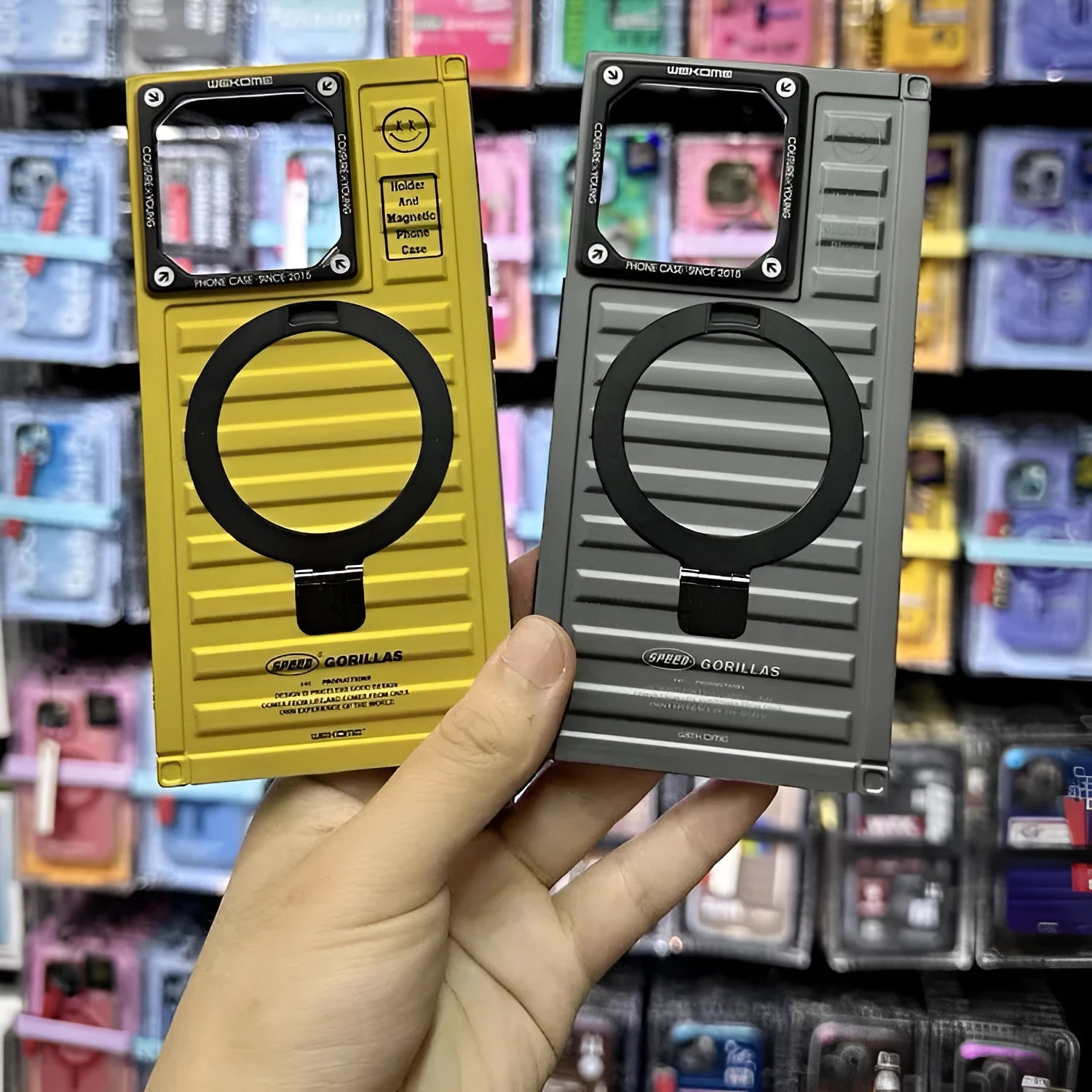 Square magnetic bracket phone case with built-in stand and magnetic backplate for iPhone 15 series, black gray colour