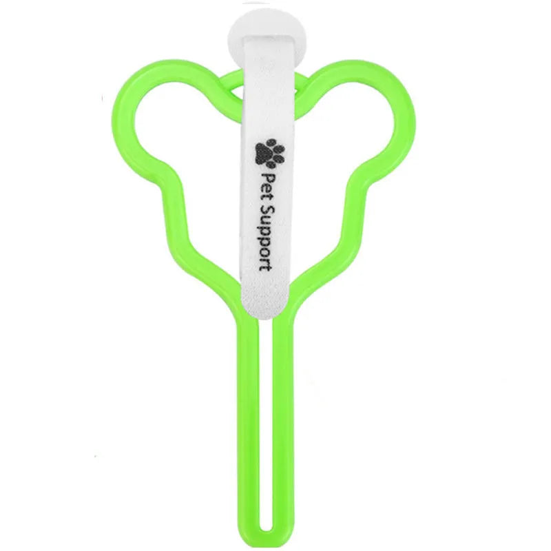 Dog poop bag holder with clip and velcro strap for leash attachment.