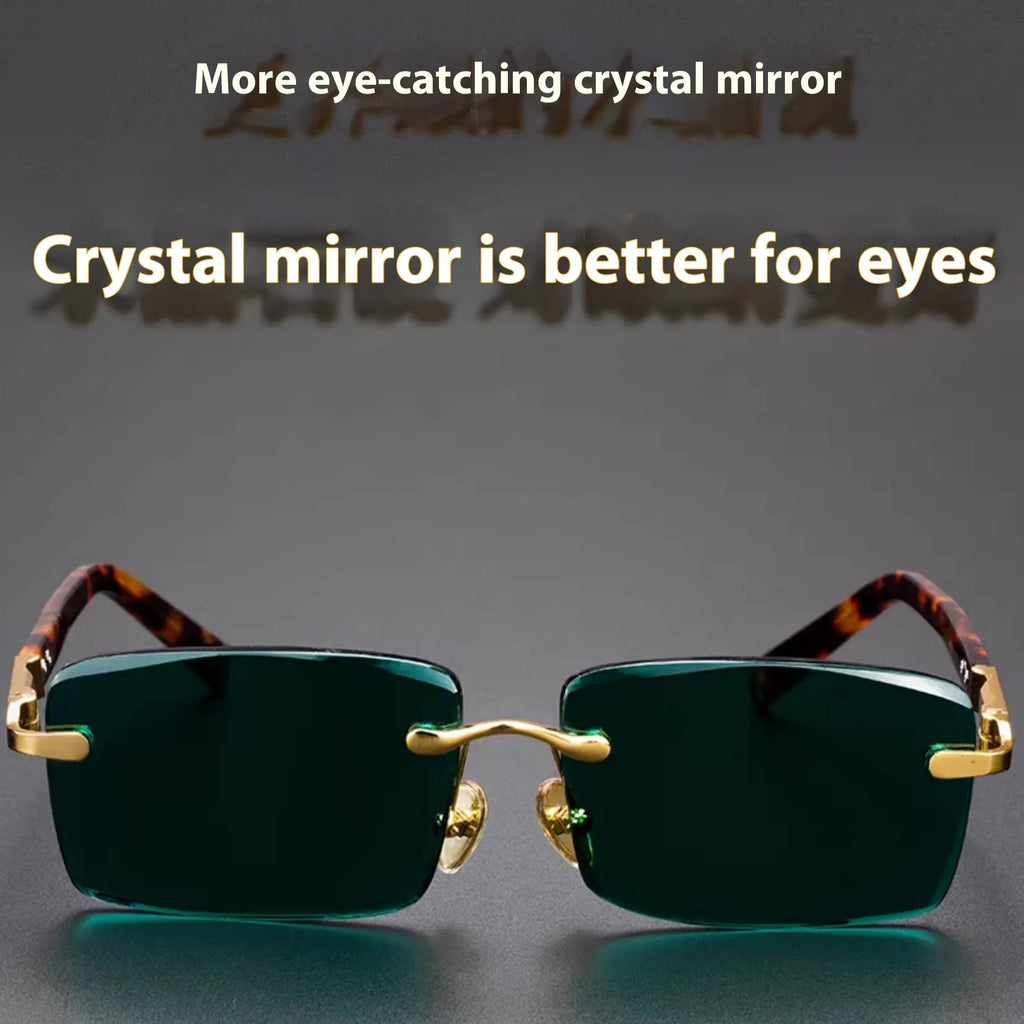 Frameless dark green crystal glasses with case and lens cloth, sunshade eyewear set