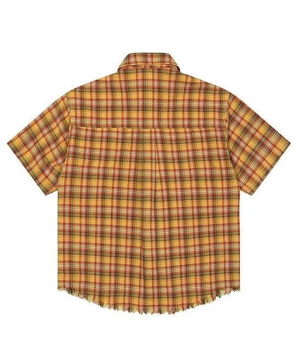 Yellow grid plaid short sleeve shirt with embroidered pocket, loose fit design for men and women
