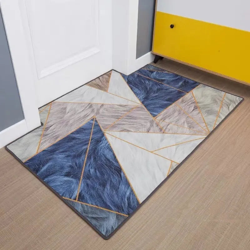 Modern minimalist rectangular floor mat in wave pattern on a tiled entrance floor