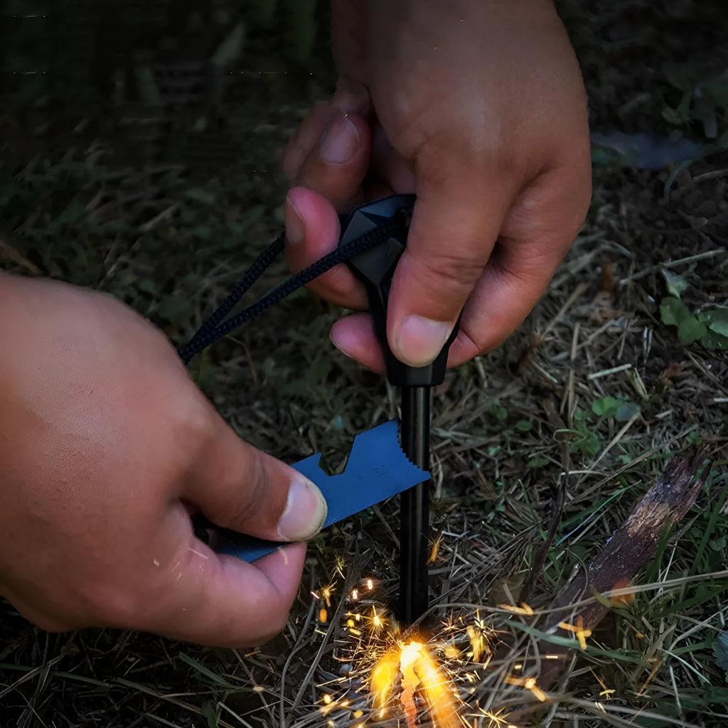 Black outdoor multifunctional survival flint with magnesium rod and stainless steel tools including whistle and bottle opener.