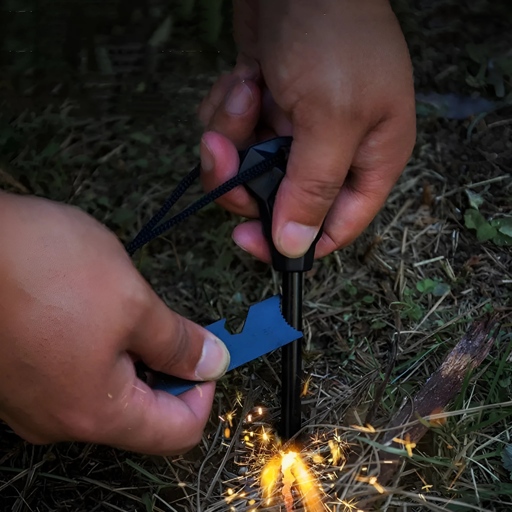 Black outdoor multifunctional survival flint with magnesium rod and stainless steel tools including whistle and bottle opener.