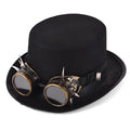 Black steampunk rivet top hat in wool felt with glasses for goth punk and retro costume use
