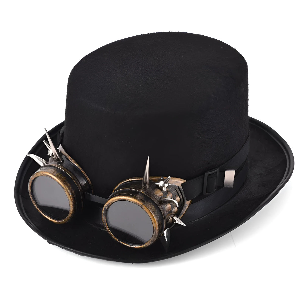 Black steampunk rivet top hat in wool felt with glasses for goth punk and retro costume use