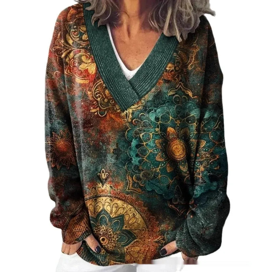 Women's V-neck sweatshirt with 3D floral pattern in art retro style, long sleeves, pullover design