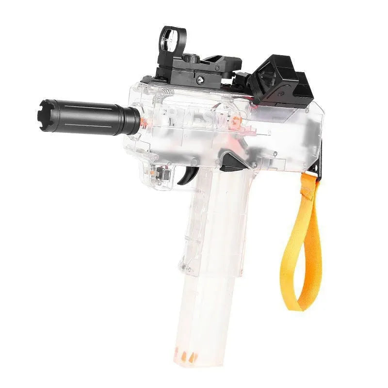 Electric rechargeable water gun toy with transparent casing showing internal mechanism and water