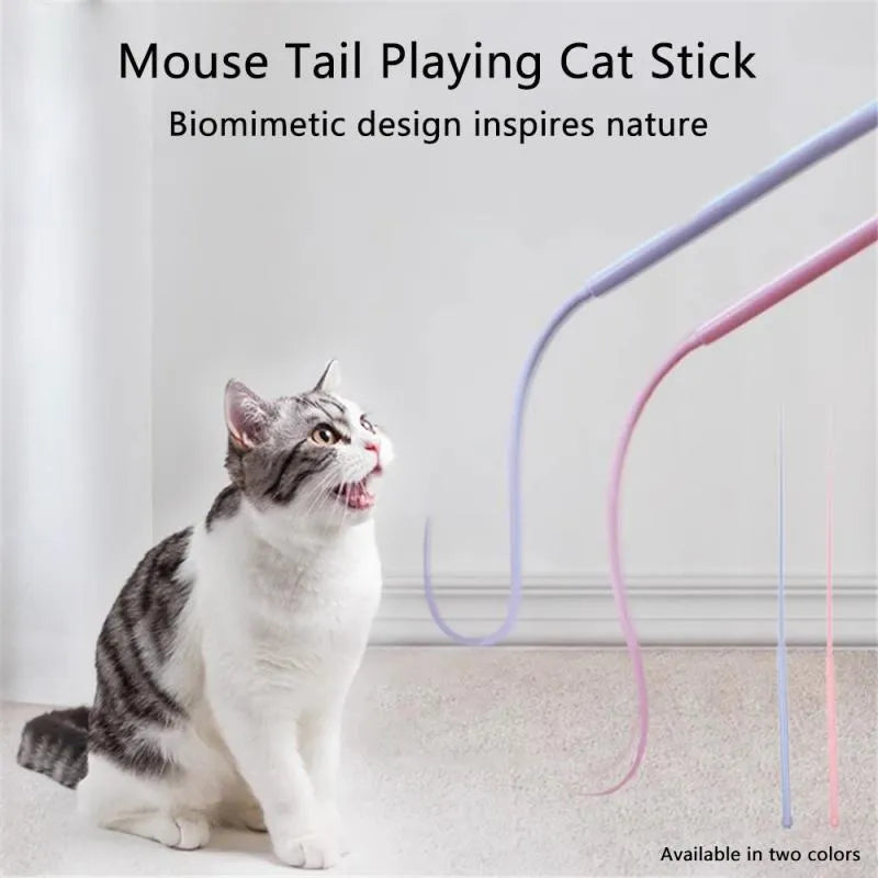 Simulated mouse tail cat toy stick with silicone tail and cat head design