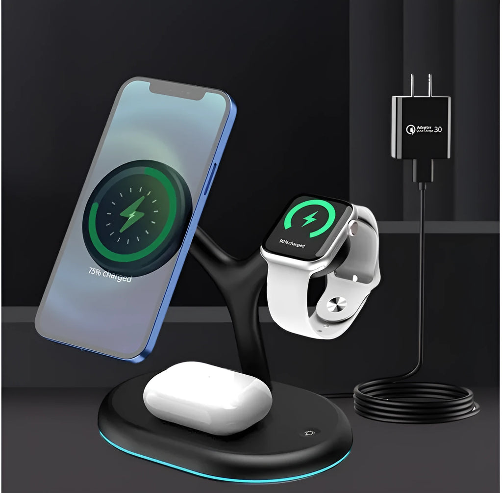 Black magnetic wireless charging stand holding an iPhone vertically on a desk