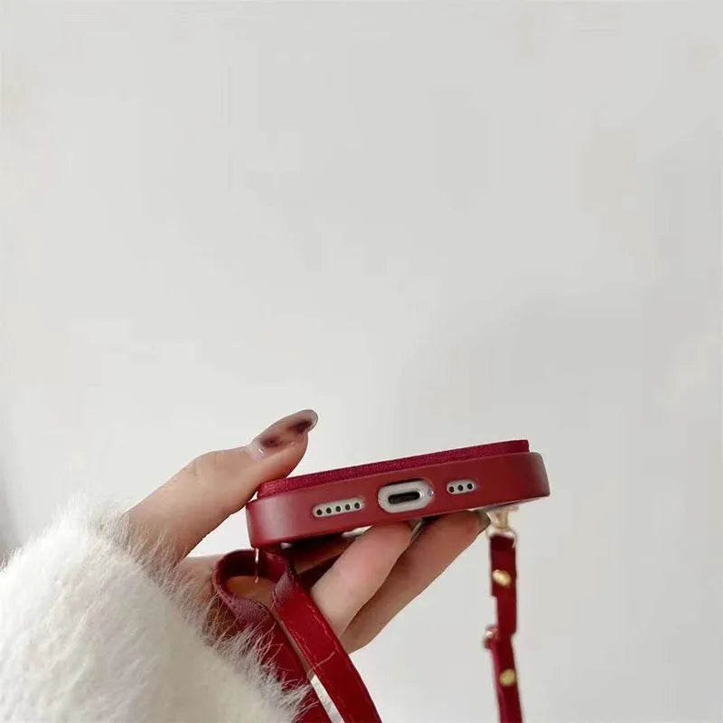 Red TPU crossbody card holder phone case with lanyard for iPhone, red diamond plaid pattern