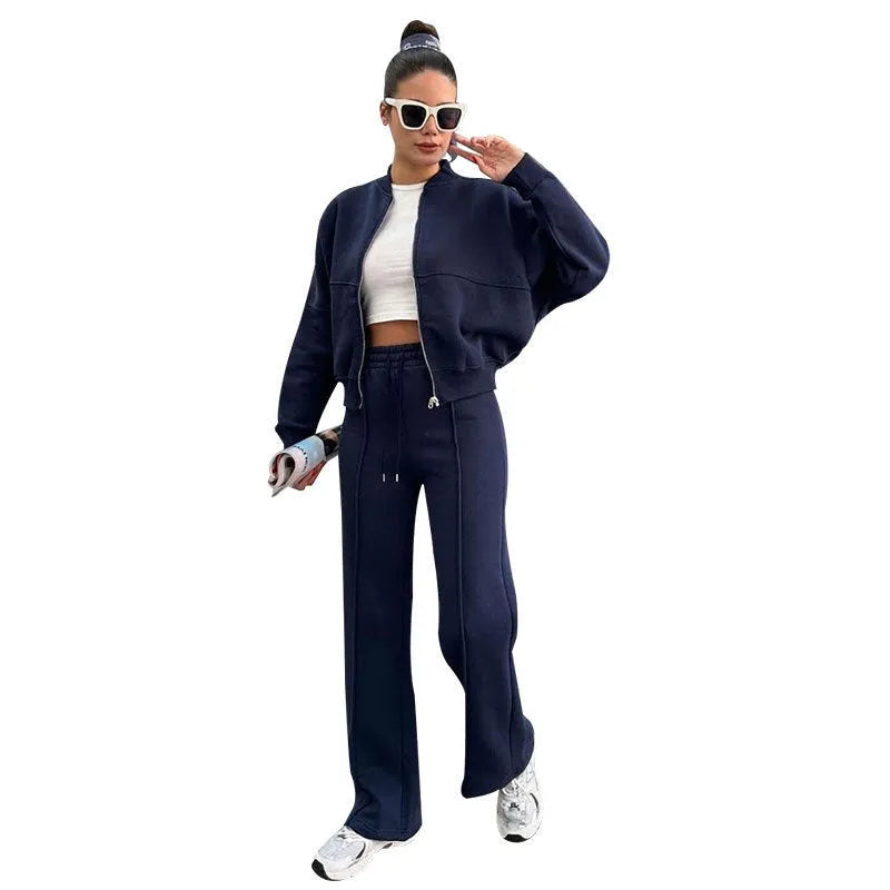 Women's fleece zipper cardigan and straight pants casual suit, seven colours, Japanese Korean style