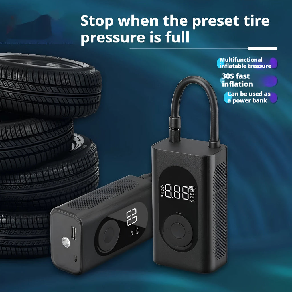 Black portable wireless tyre pump with digital display, LED flashlight, and USB cable on a grey background.