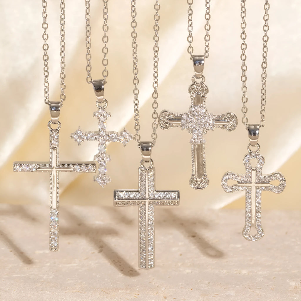 Real gold electroplated micro inlaid zircon cross necklace on copper pendant with O-ring chain, adjustable 41-50cm, simple geometric style