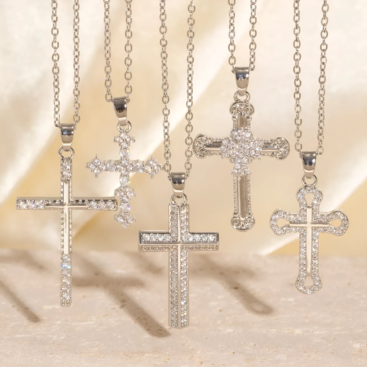 Real gold electroplated micro inlaid zircon cross necklace on copper pendant with O-ring chain, adjustable 41-50cm, simple geometric style