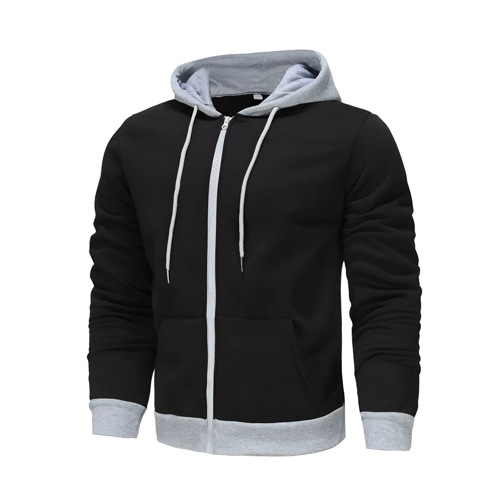 Men's black zip-up hoodie cardigan with a light grey hood on a hanger.
