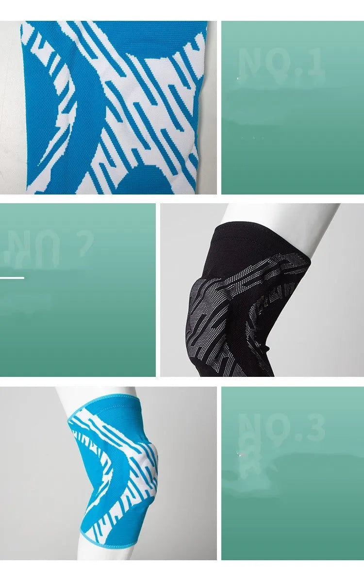 Black and blue basketball knee pads for men showing adjustable sizing options