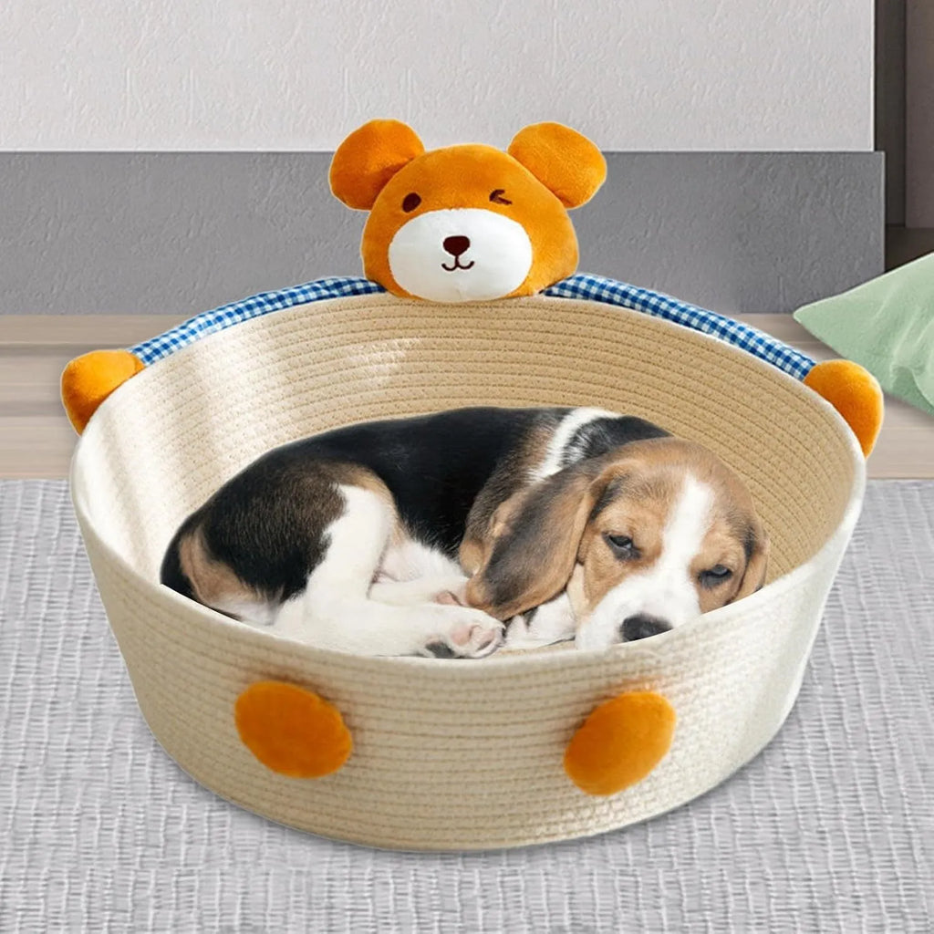 Woven cotton rope pet bed with scratching surface in bear design
