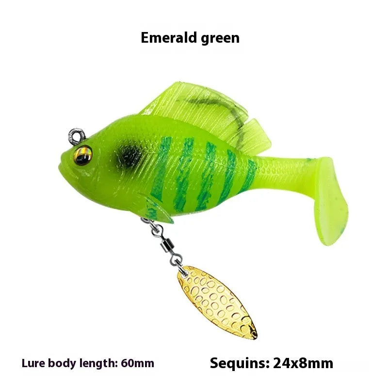 Rotating sequins T tail fishing bait in 10g and 14g, shown in multiple colour options for freshwater bass and mandarin fish.