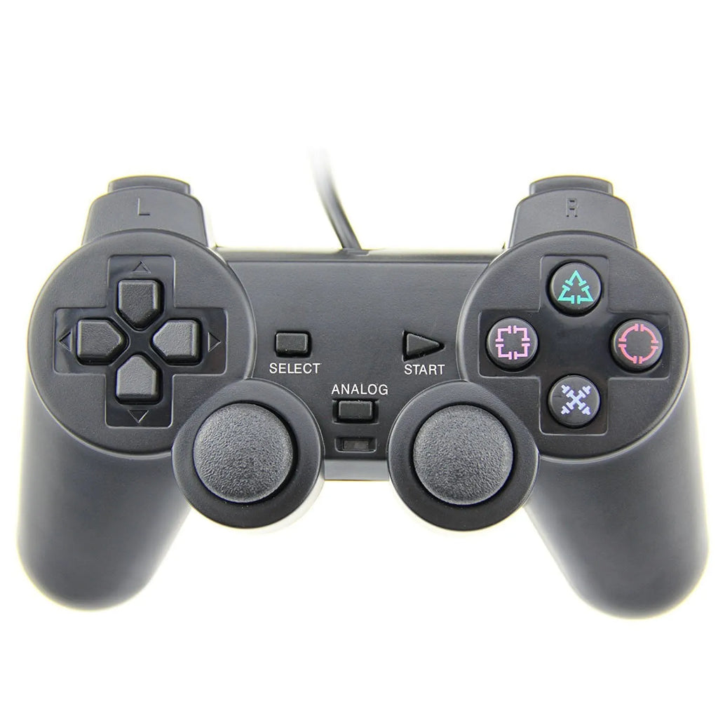 Wired PS2 game controller with USB cable, vibration function, and ABS plastic construction