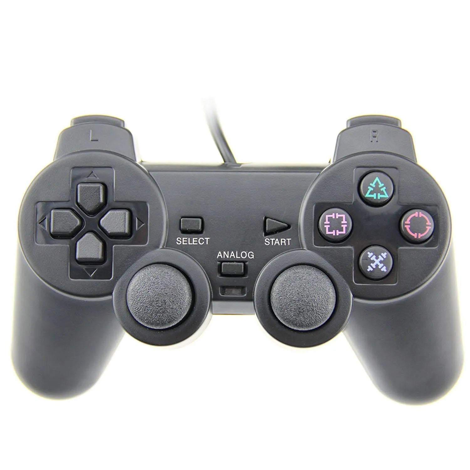 Wired PS2 game controller with USB cable, vibration function, and ABS plastic construction