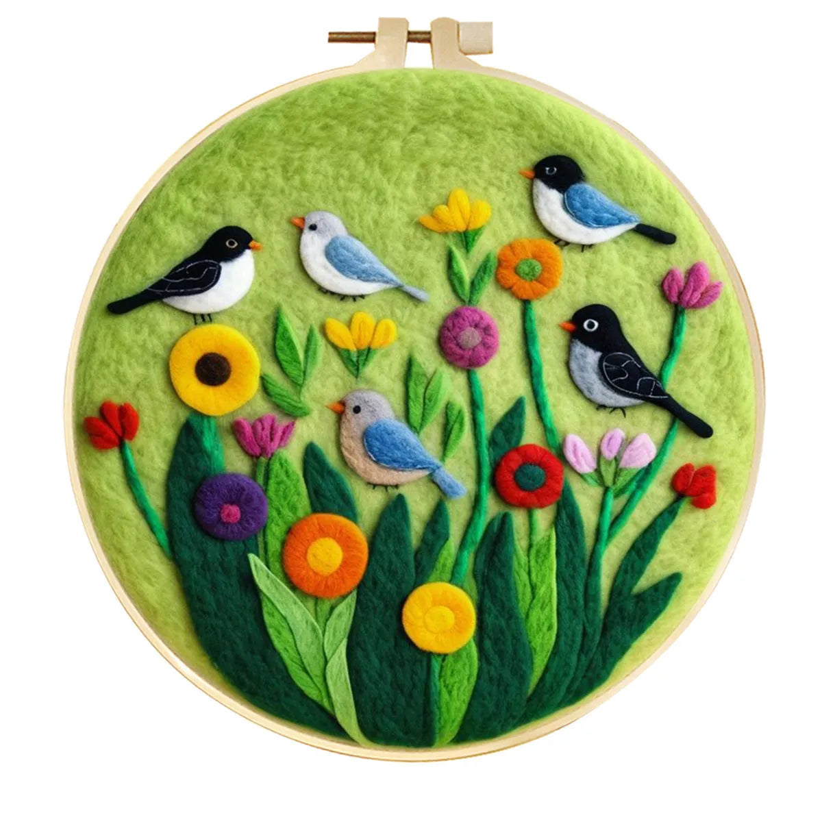Round linen embroidery frame with wool felt floral decoration kit for three-dimensional wall art
