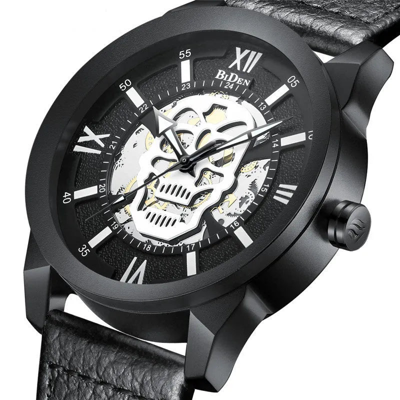 Biden men's hollow quartz watch with brown strap showing calendar function and 4.3cm case